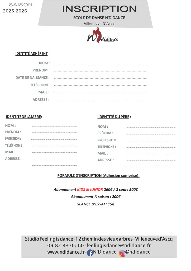 Fiche Inscription VILLENEUVE D'ASCQ 2024 2025