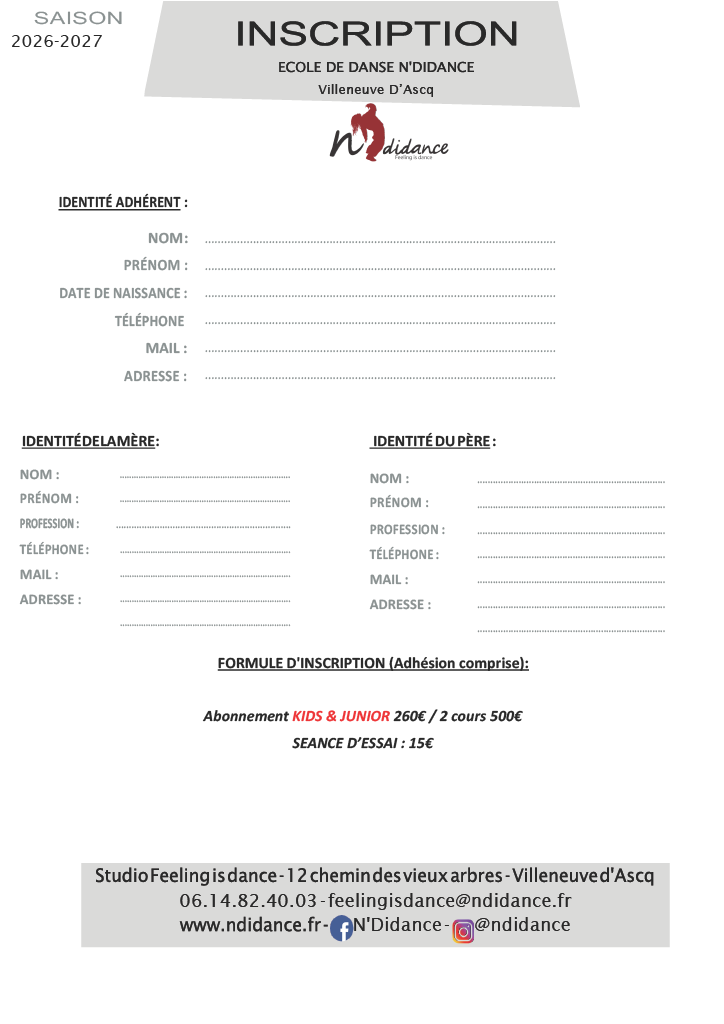 Fiche Inscription VILLENEUVE D'ASCQ 2024 2025